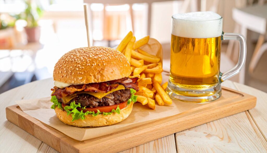 Firefly_Foto de um lanche de Pão com gergelim, Hamburger 150g, alface, tomate, cubinhos de Ba 706665