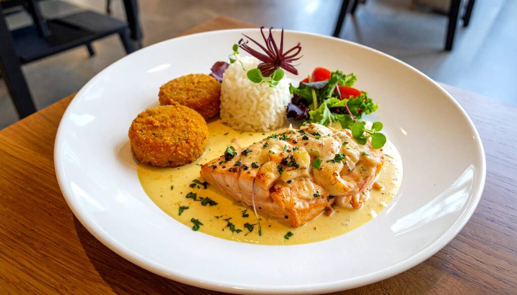 Firefly_Foto de um prato com Salmão Gratinado ao molho branco com camarões, acompanhado de ar 285556