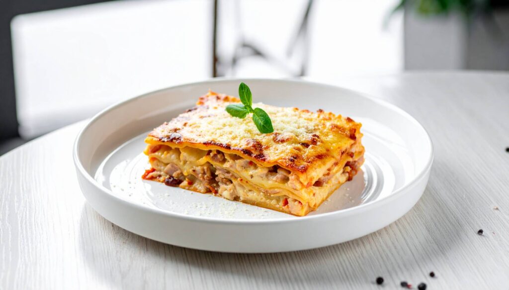 Firefly_Foto de um prato de lasanha de presunto e queijo, gratinada com parmesão. Capturado d 7015