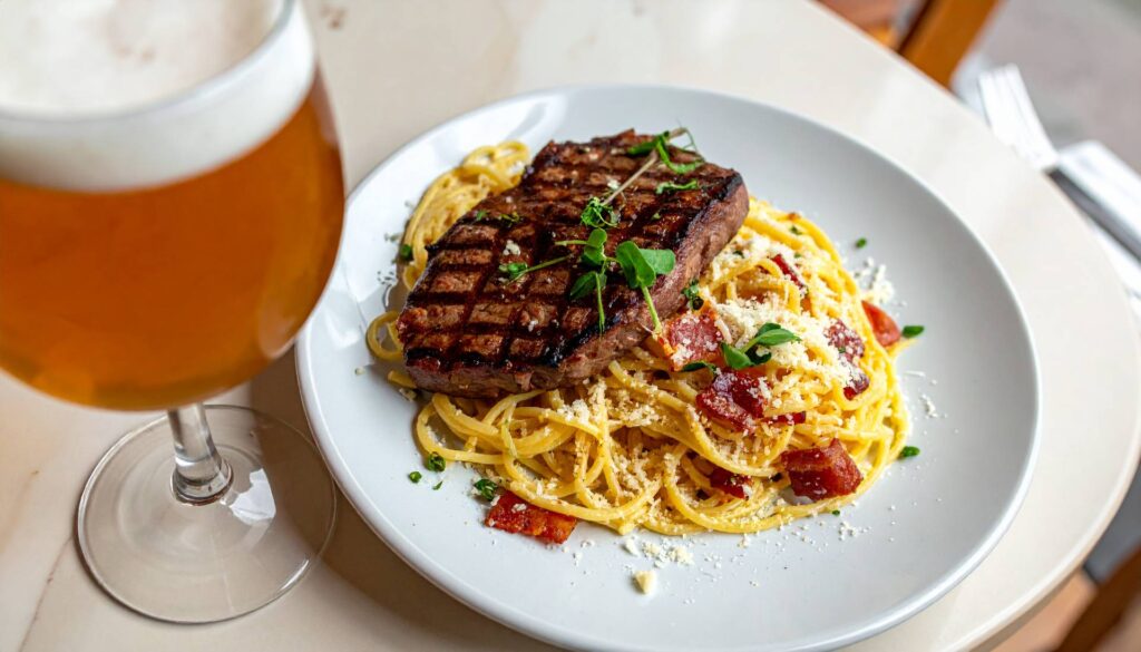 Firefly_Foto de um prato de talharim á carbonara (bacon, ovos, queijo parmesão) com bife chap 837446