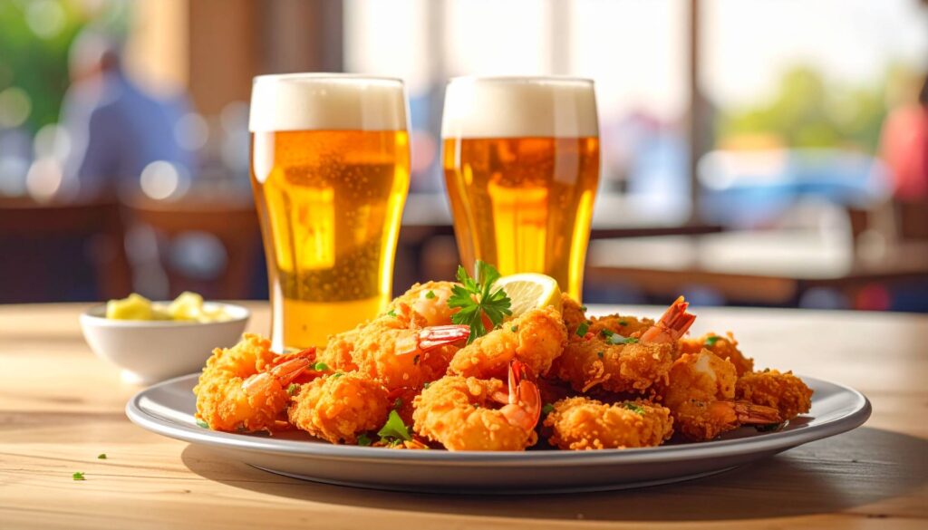Firefly_Foto de uma generosa porção de camarões à milanesa. Ao lado, taças de chope gelado. O 352404
