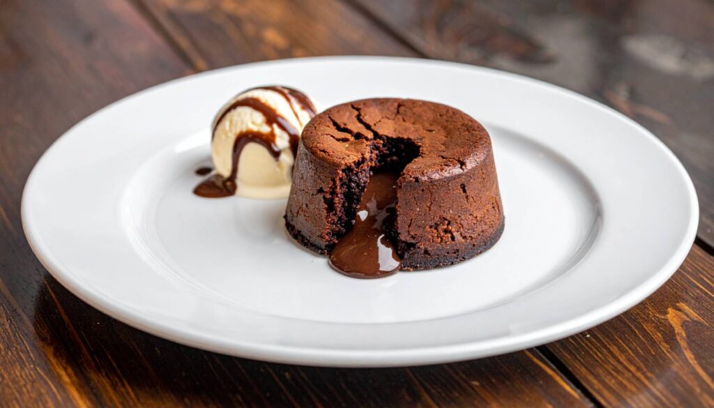 Firefly_Um pequeno bolo de chocolate individual, redondo, com superfície ligeiramente crocant 622470