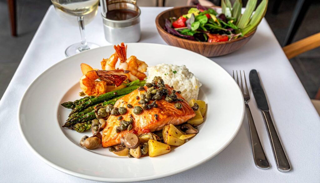 Firefly_Uma foto de um prato Filé de salmão grelhado coberto com Alcaparras, bastante champig 394068