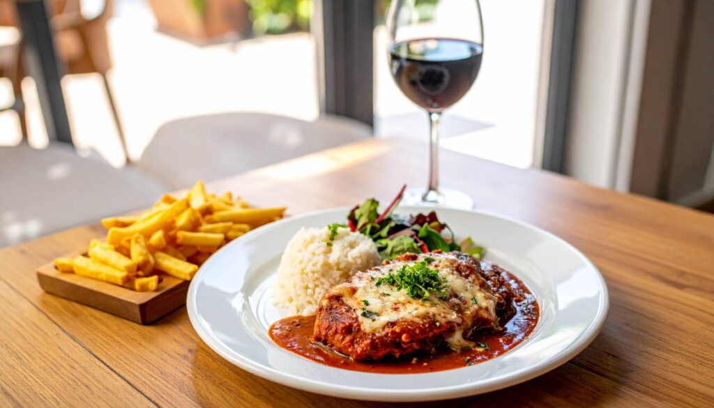 Firefly_Uma foto de um prato de file à parmegiana com molho sugo e queijo, arroz, batatas fri 586628