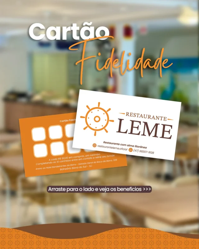 Cartão Fidelidade Restaurante Leme

Aqui, cada visita vira recompensa!
A cada consumo acima de R$ 50,00, você ganha um carimbo. Completou o cartão? É hora de escolher o seu brinde. 

✨ Opções de recompensa:
☕ 2 cafés da manhã;
🍴 Almoço ou jantar com mesa posta (até R$ 80,00);
🥂 Espumante ou vinho.

Porque quem vive bons momentos à mesa, merece voltar e ser recompensado. Vem viver essa experiência com a gente! 

📍 Restaurante Leme – gastronomia com alma litorânea.

Anexo ao Hotel Bandeirantes da Barra