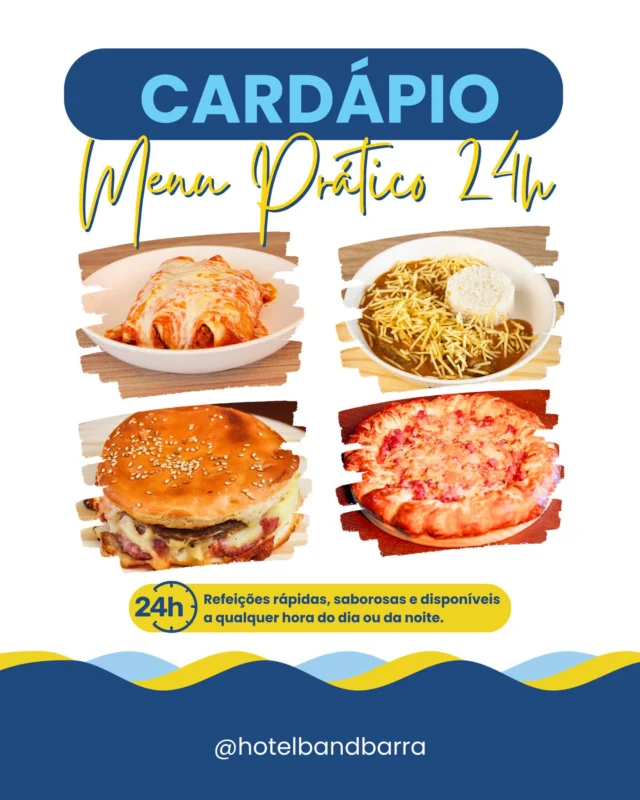 🍽️ Já escolheu a sua refeição de hoje?

O Menu Prático 24h do Hotel Bandeirantes da Barra traz refeições rápidas, saborosas e perfeitas para qualquer momento do dia ou da noite!

✨ Confira:
• Filé à Parmegiana – 100g de bife à milanesa, coberto com molho de tomate e queijo muçarela, acompanhado de batata palha.
• Estrogonofe de Carne – tiras de carne em molho cremoso, com arroz soltinho e batata palha.
• Panqueca de Frango ou Carne – massa artesanal recheada, com molho caseiro e muçarela.
• Fricassê de Frango – cremoso, saboroso e acompanhado de arroz e batata palha.
• Hamburgão e Pizza 🍔🍕 para quem prefere uma refeição prática e cheia de sabor. 

🕒 Disponível 24 horas por dia!

👉 Escolha e compre o prato desejado na recepção.
👉 Prepare nos micro-ondas disponíveis.
👉 Use as louças e talheres do espaço.
👉 Sente-se em um bom lugar e aproveite!

Faça sua reserva (link na bio) e vem vem aproveitar ainda mais praticidade, conforto e muito sabor durante toda a sua estadia no seu hotel pé na areia.